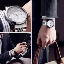 雷克斯R0909男士手表正品超薄时尚手表男士休闲石英表男表防水 银壳白面钢带
